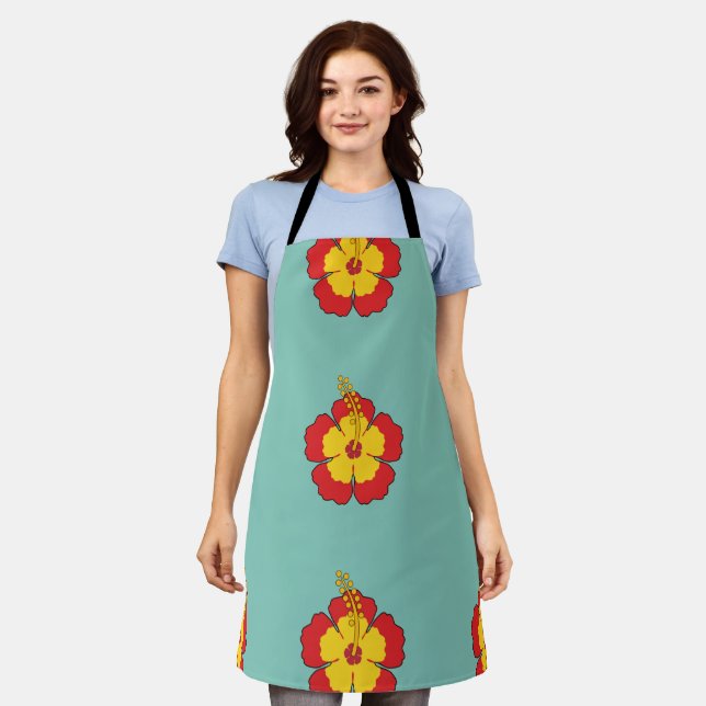 Red Hibiscus Tropical Flower Apron (Worn)