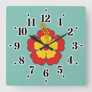 Red Hibiscus Tropical Flower Square Wall Clock