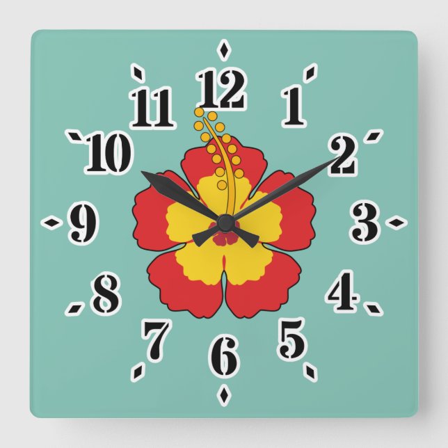 Red Hibiscus Tropical Flower Square Wall Clock (Front)