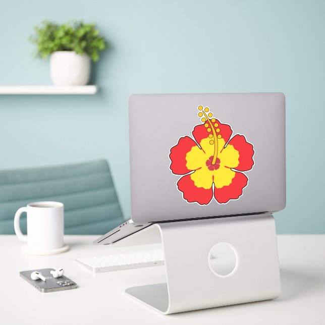 Red Hibiscus Tropical Flower Sticker (Laptop On Desk)