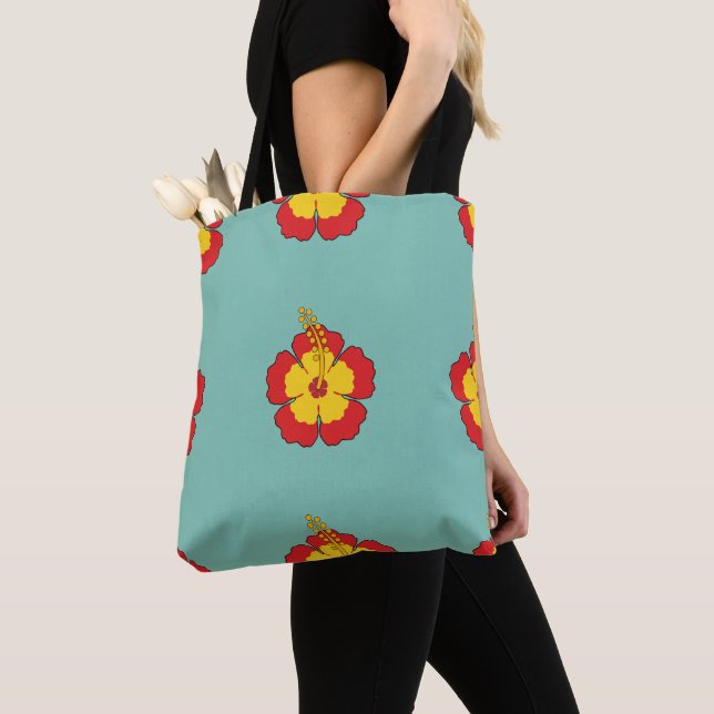 Red Hibiscus Tropical Flower Tote Bag (Close Up)