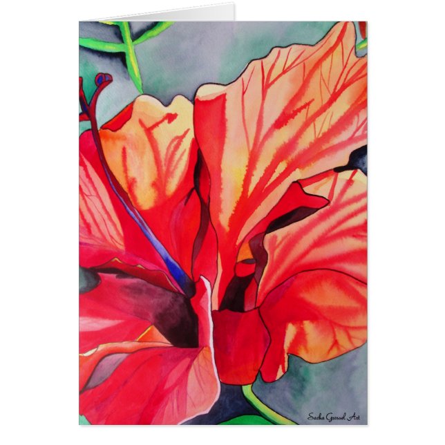 Red Hibiscus tropical flower watercolor art (Front)