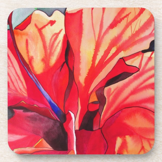 Red Hibiscus tropical flower watercolor art Beverage Coaster (Front)
