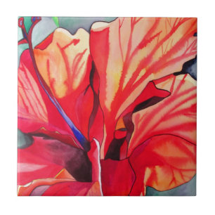 Red Hibiscus tropical flower watercolor art Ceramic Tile