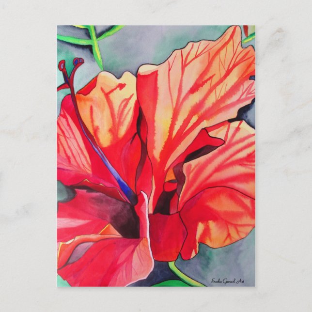 Red Hibiscus tropical flower watercolor art Postcard (Front)