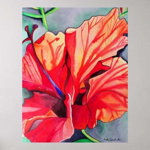 Red Hibiscus tropical flower watercolor art Poster