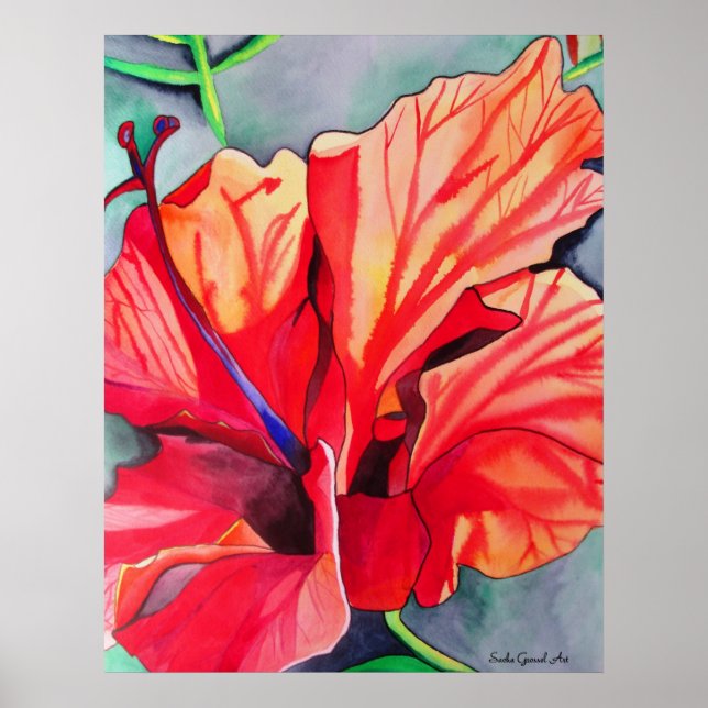 Red Hibiscus tropical flower watercolor art Poster (Front)