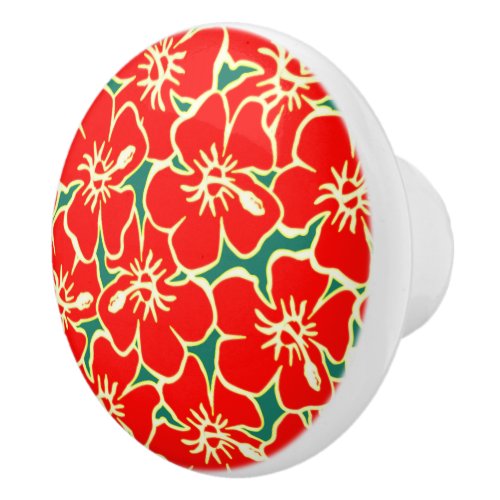 Red Hibiscus Tropical Flowers Hawaiian Ceramic Knob