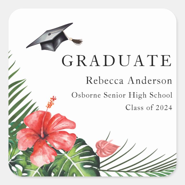 Red Hibiscus Tropical Graduation Round Sticker (Front)