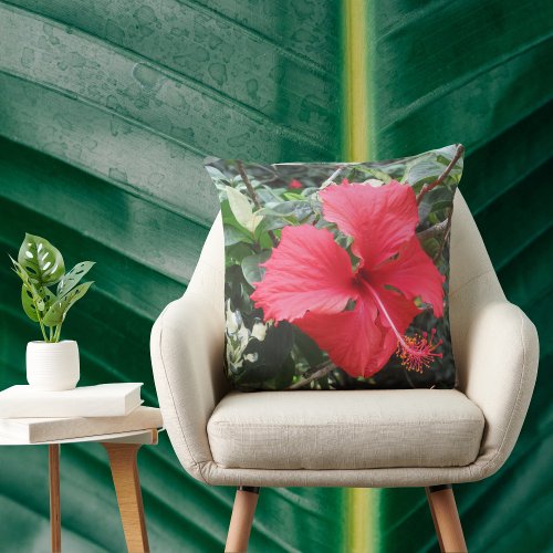 Red hibiscus tropical pillow