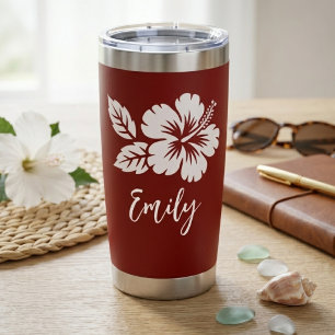 Red Hibiscus Tropical Script Name Design Insulated Tumbler