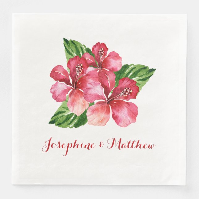 Red Hibiscus Tropical Wedding Paper Dinner Napkins (Front)