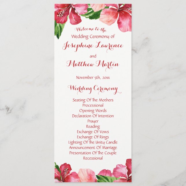 Red Hibiscus Tropical Wedding Programs (Front)