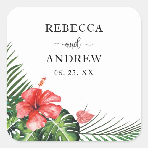 Red Hibiscus Tropical Wedding Round Sticker