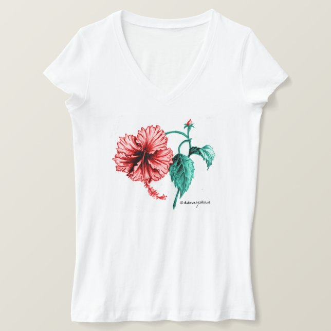 Red Hibiscus V-Neck T-shirt for Women (Design Front)
