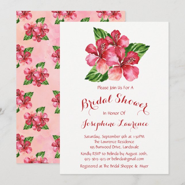 Red Hibiscus Watercolor Bridal Shower Invitations (Front/Back)