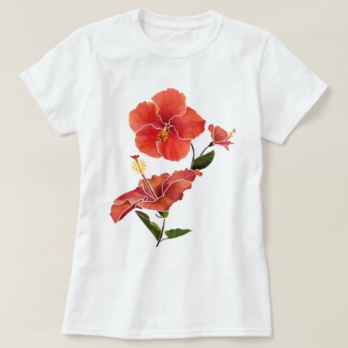 Red Hibiscus Watercolor Flowers T_Shirt