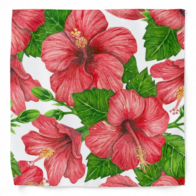 Red hibiscus watercolor pattern bandana (Front)