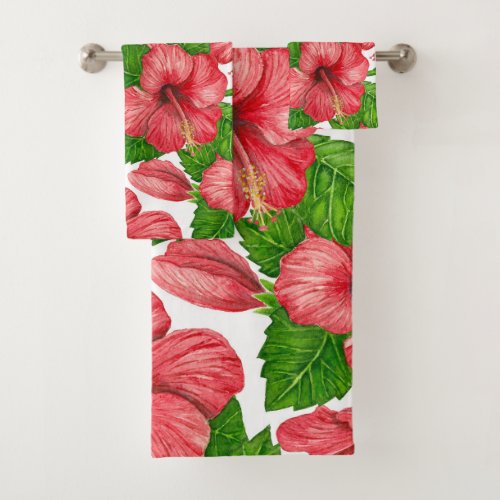 Red hibiscus watercolor pattern bath towel set