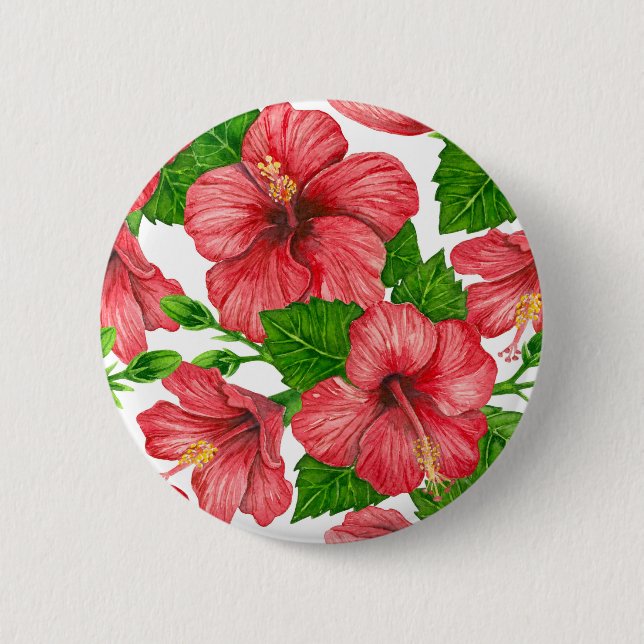Red hibiscus watercolor pattern button (Front)