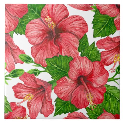 Red hibiscus watercolor pattern ceramic tile
