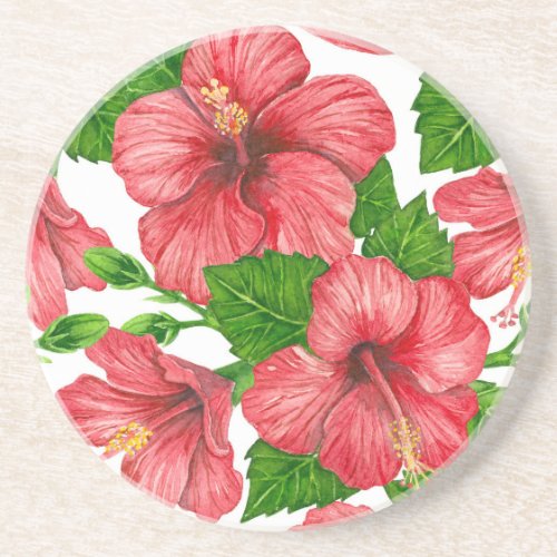 Red hibiscus watercolor pattern coaster