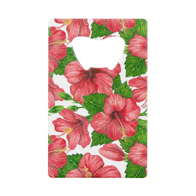 Red hibiscus watercolor pattern credit card bottle opener (Front)