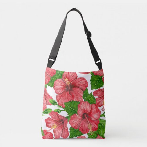 Red hibiscus watercolor pattern crossbody bag