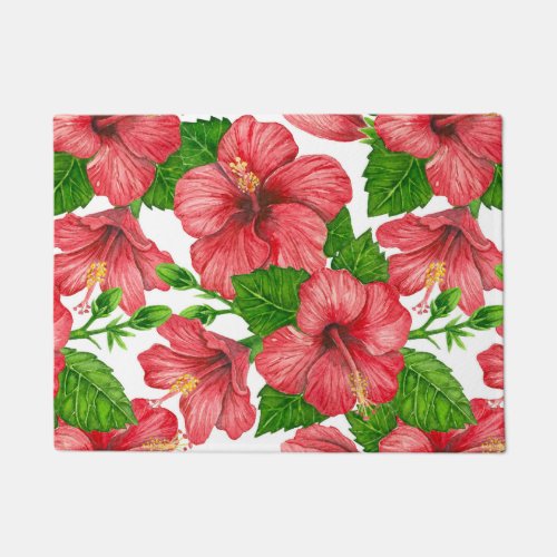 Red hibiscus watercolor pattern doormat