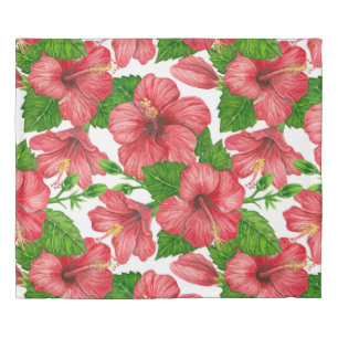 Red hibiscus watercolor pattern duvet cover