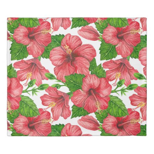 Red hibiscus watercolor pattern duvet cover