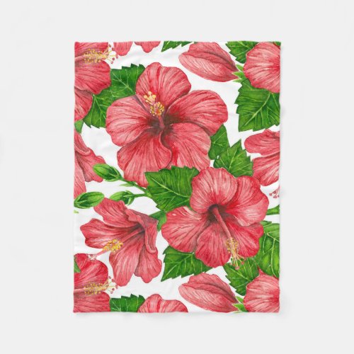 Red hibiscus watercolor pattern fleece blanket