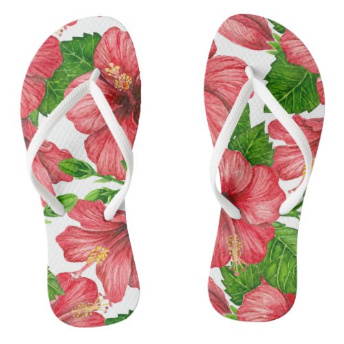 Red hibiscus watercolor pattern flip flops
