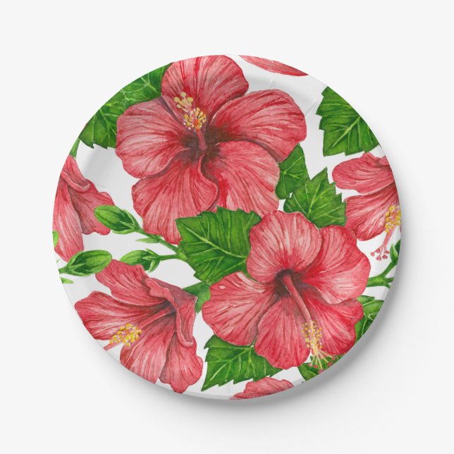 Red hibiscus watercolor pattern paper plates (Front)