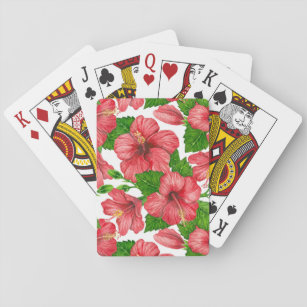 Red hibiscus watercolor pattern playing cards