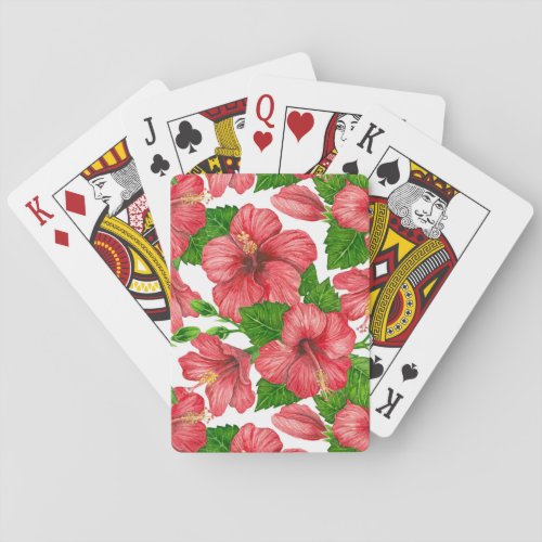 Red hibiscus watercolor pattern playing cards