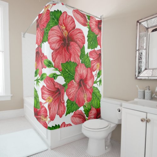 Red hibiscus watercolor pattern shower curtain