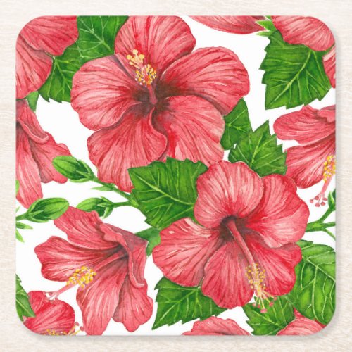 Red hibiscus watercolor pattern square paper coaster