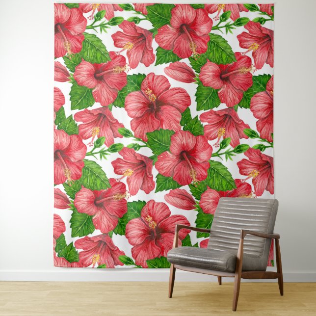 Red hibiscus watercolor pattern tapestry (In Situ)