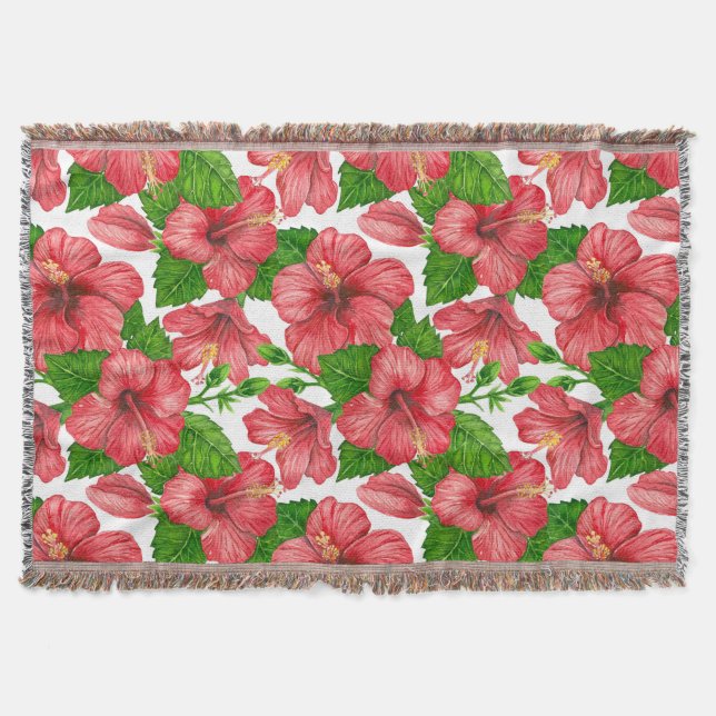 Red hibiscus watercolor pattern throw blanket (Front)