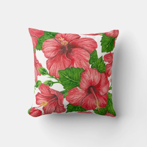 Red hibiscus watercolor pattern throw pillow