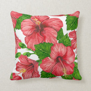 Red hibiscus watercolor pattern throw pillow