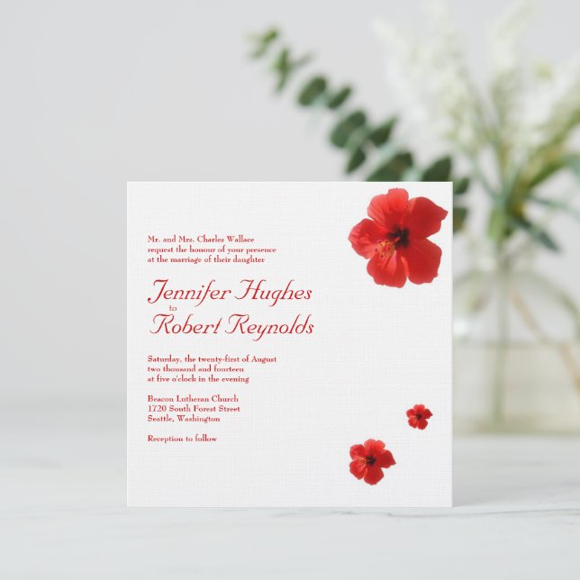 Red Hibiscus Wedding Invitation (Standing Front)