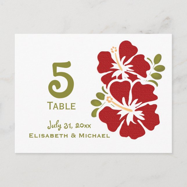 Red Hibiscus Wedding Reception Table Number Cards (Front)