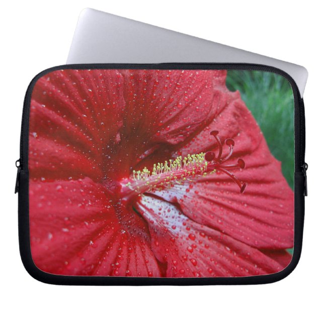 Red Hibiscus With Raindrops Laptop Sleeve (Front)