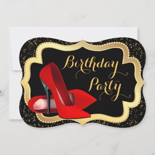 Red High Heel Black and Gold Birthday Party Invitation