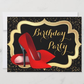 Red High Heel Black And Gold Birthday Party Invitation by Pure_Elegance at Zazzle