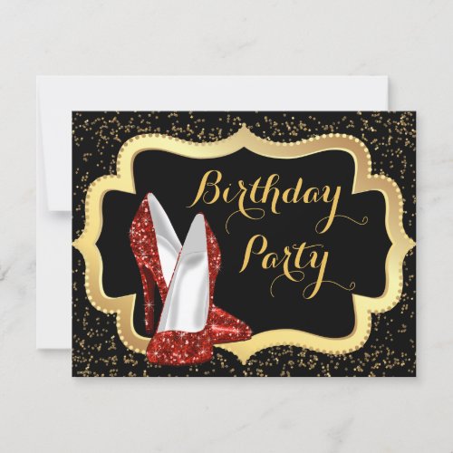 Red High Heel Black and Gold Birthday Party Invitation