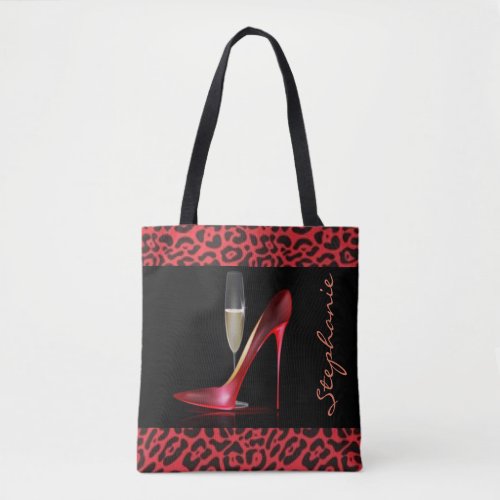 Red High Heel Champagne Leopard Design Tote Bag