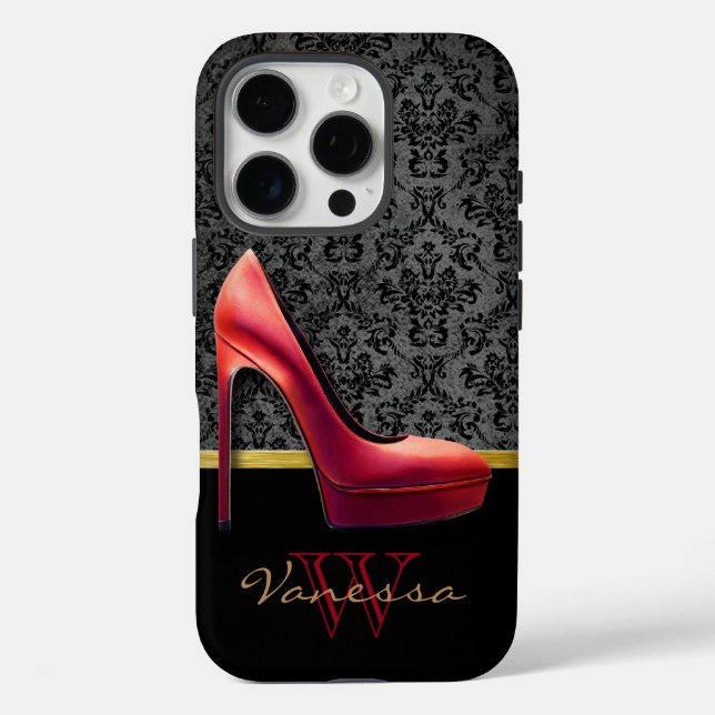 Red High Heel & Damask Print With Monogram Case-Mate iPhone Case (Back)